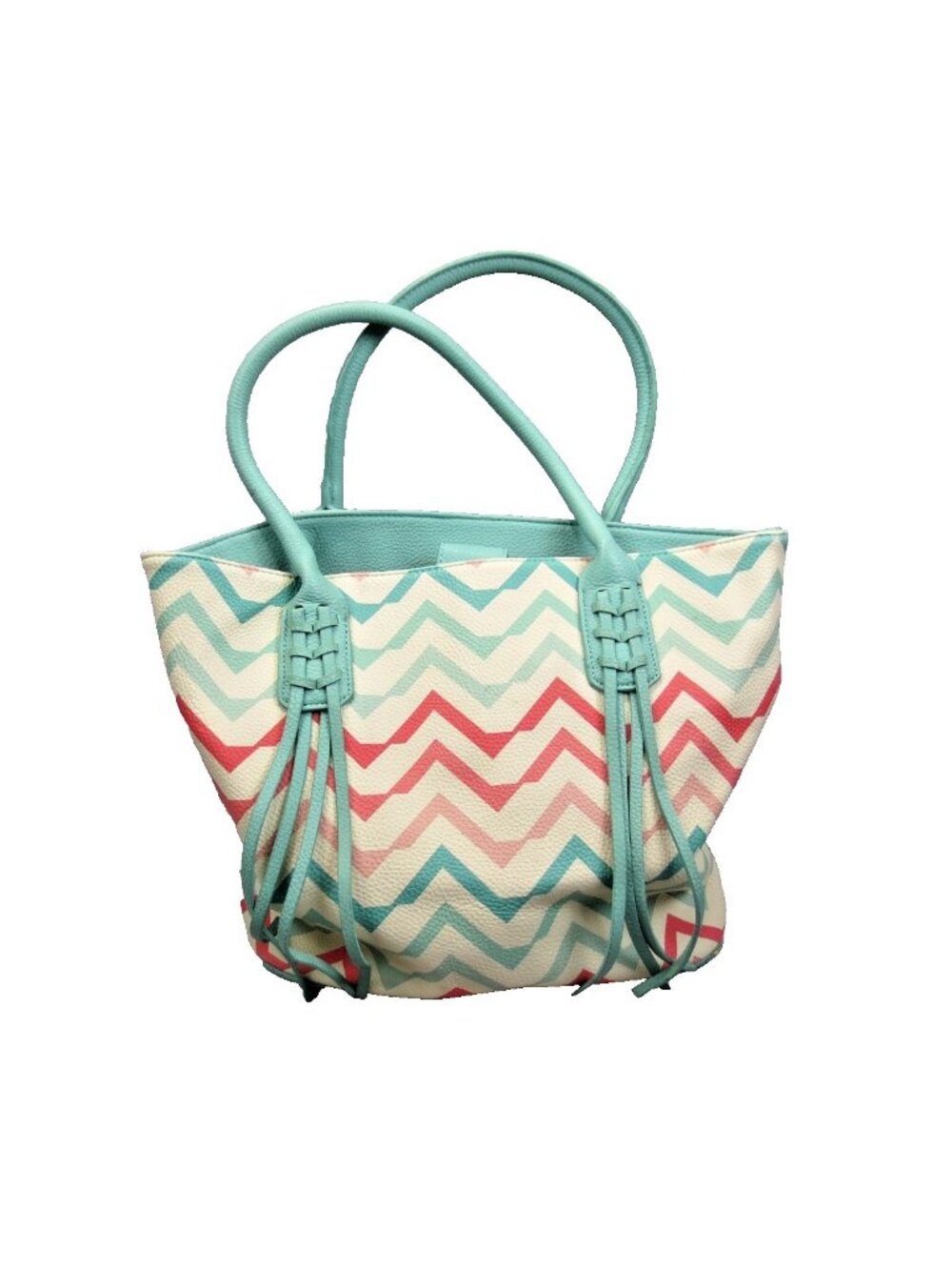 Charming Charlie Teal Blue Multicolor Chevron Beachy Faux Leather Tote Bag READ
